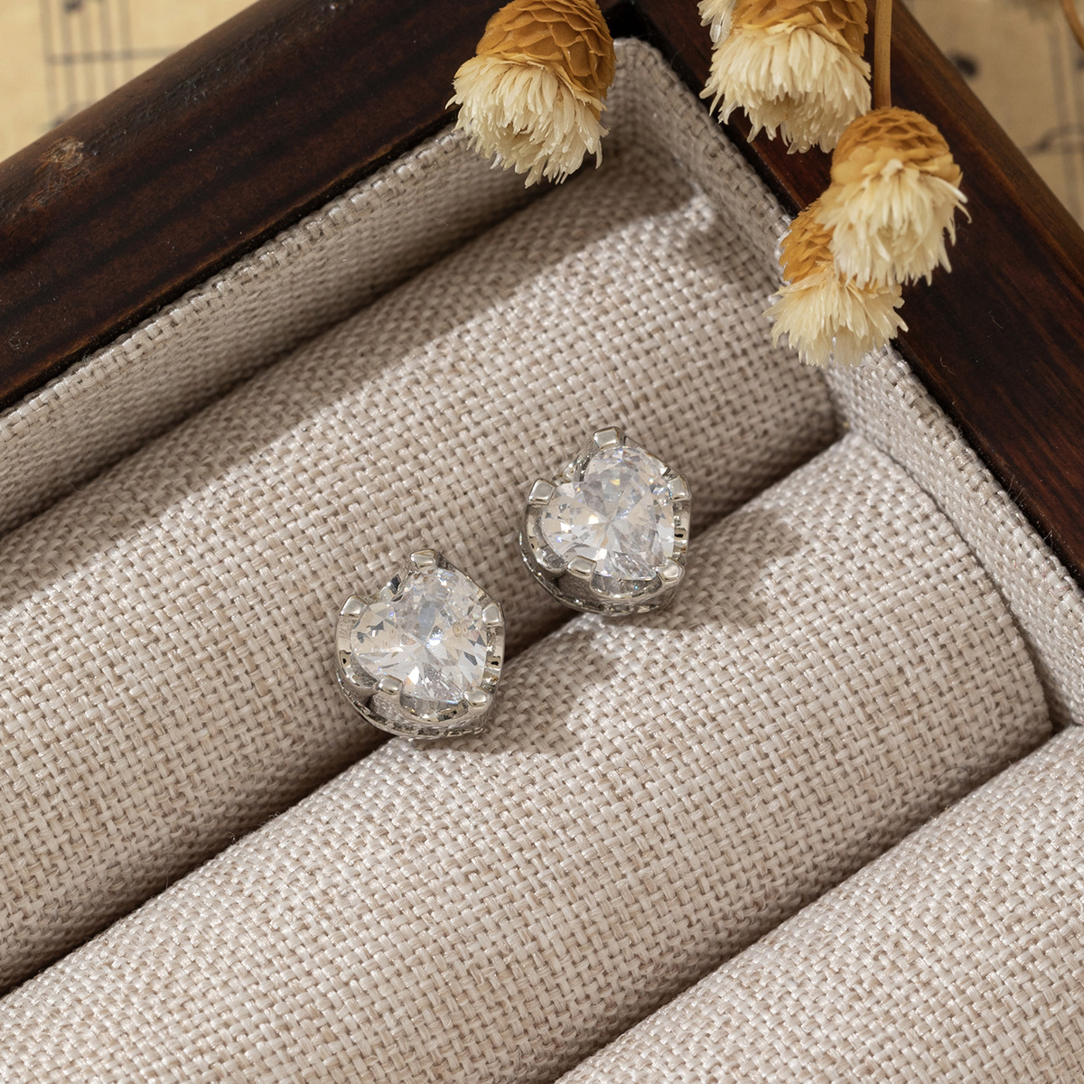 Heart Shape Stud Earrings For Women With Bezel Setting, Real Gold Plated Copper And Zircon Inlay, Featuring Water Plating 4