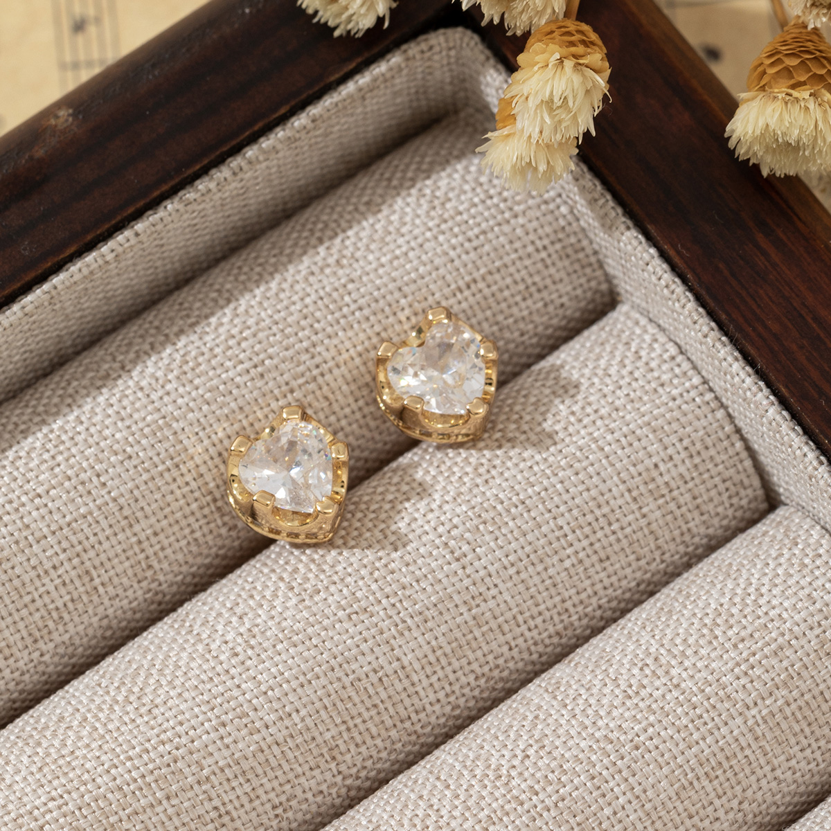 Heart Shape Stud Earrings For Women With Bezel Setting, Real Gold Plated Copper And Zircon Inlay, Featuring Water Plating 5