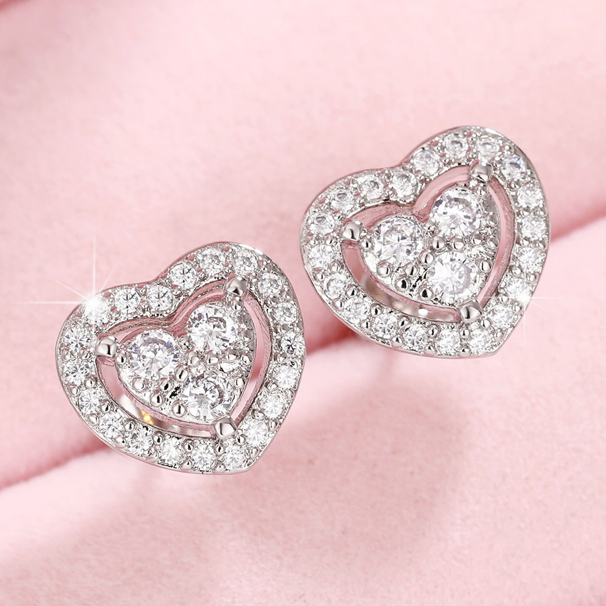 Heart Shape Stud Earrings For Women With Claw Setting, Copper Base, White K Plated Water Plating, And Zircon Inlay 2