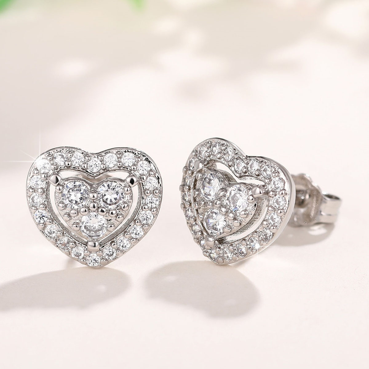 Heart Shape Stud Earrings For Women With Claw Setting, Copper Base, White K Plated Water Plating, And Zircon Inlay 3