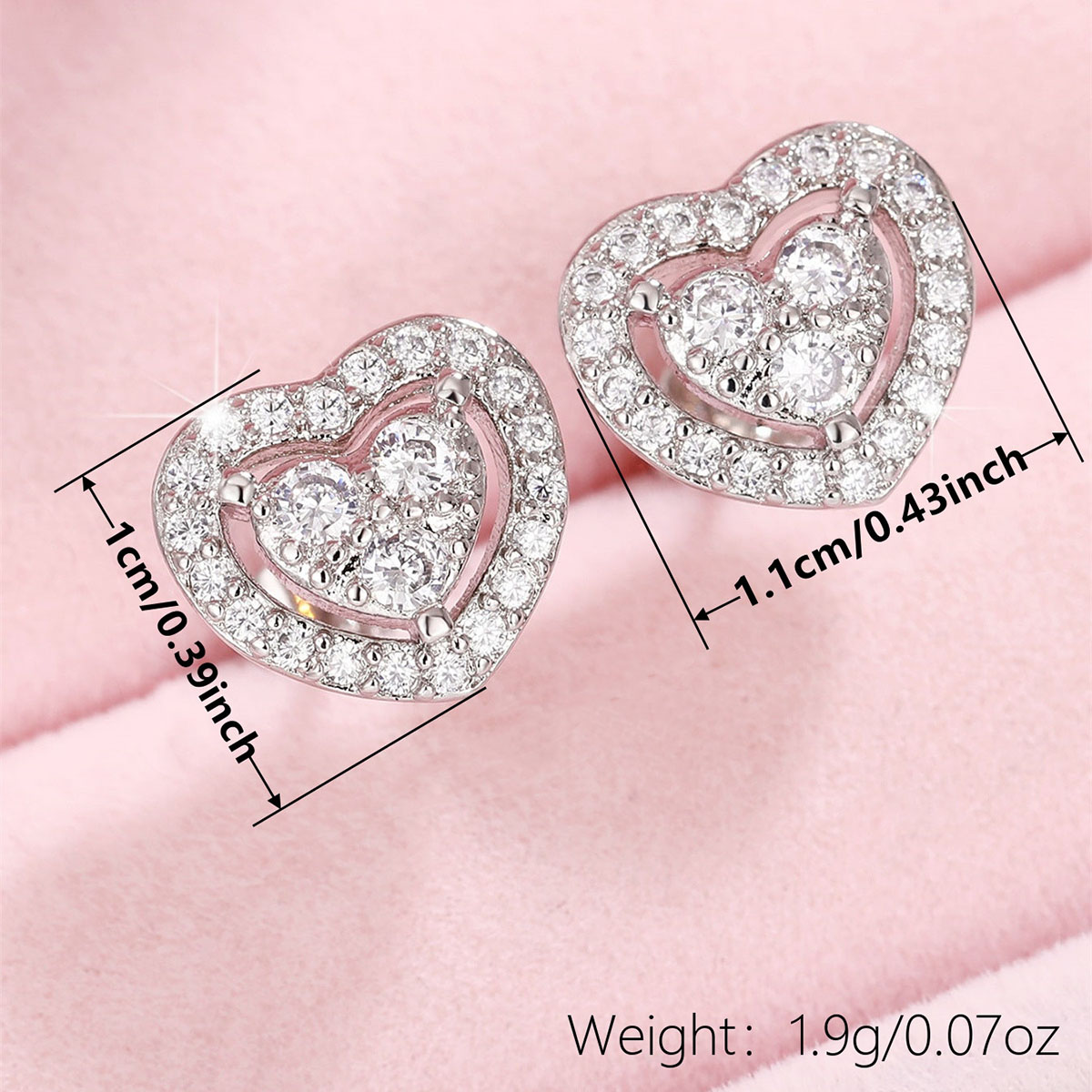 Heart Shape Stud Earrings For Women With Claw Setting, Copper Base, White K Plated Water Plating, And Zircon Inlay 4