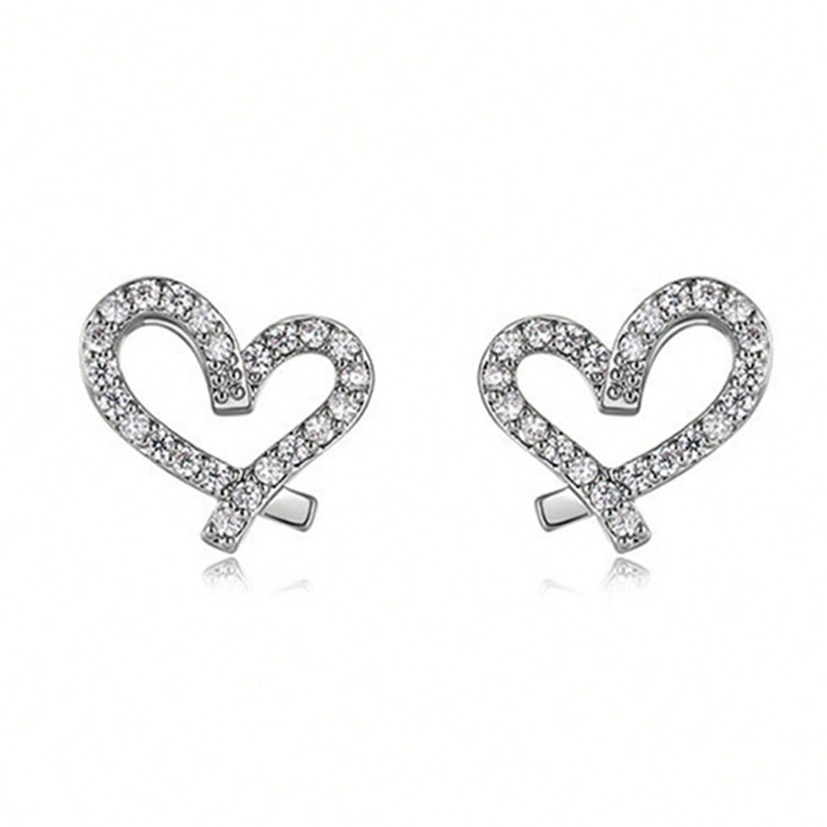 Heart Shape Stud Earrings For Women With Claw Setting, Copper Material, White K Water Plated, Featuring Zircon Inlay