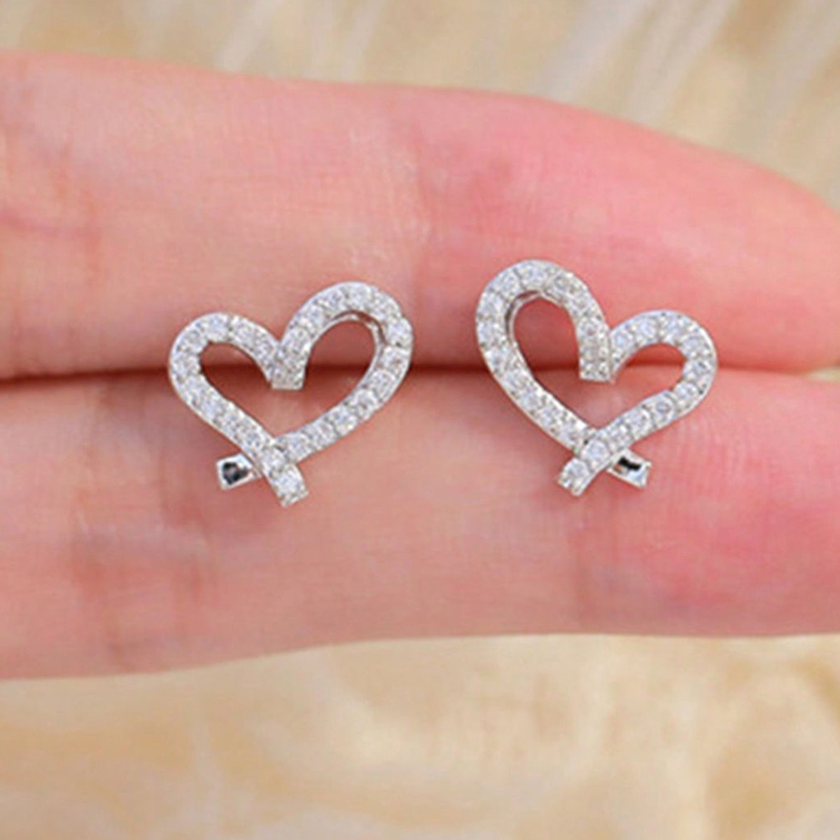Heart Shape Stud Earrings For Women With Claw Setting, Copper Material, White K Water Plated, Featuring Zircon Inlay 3