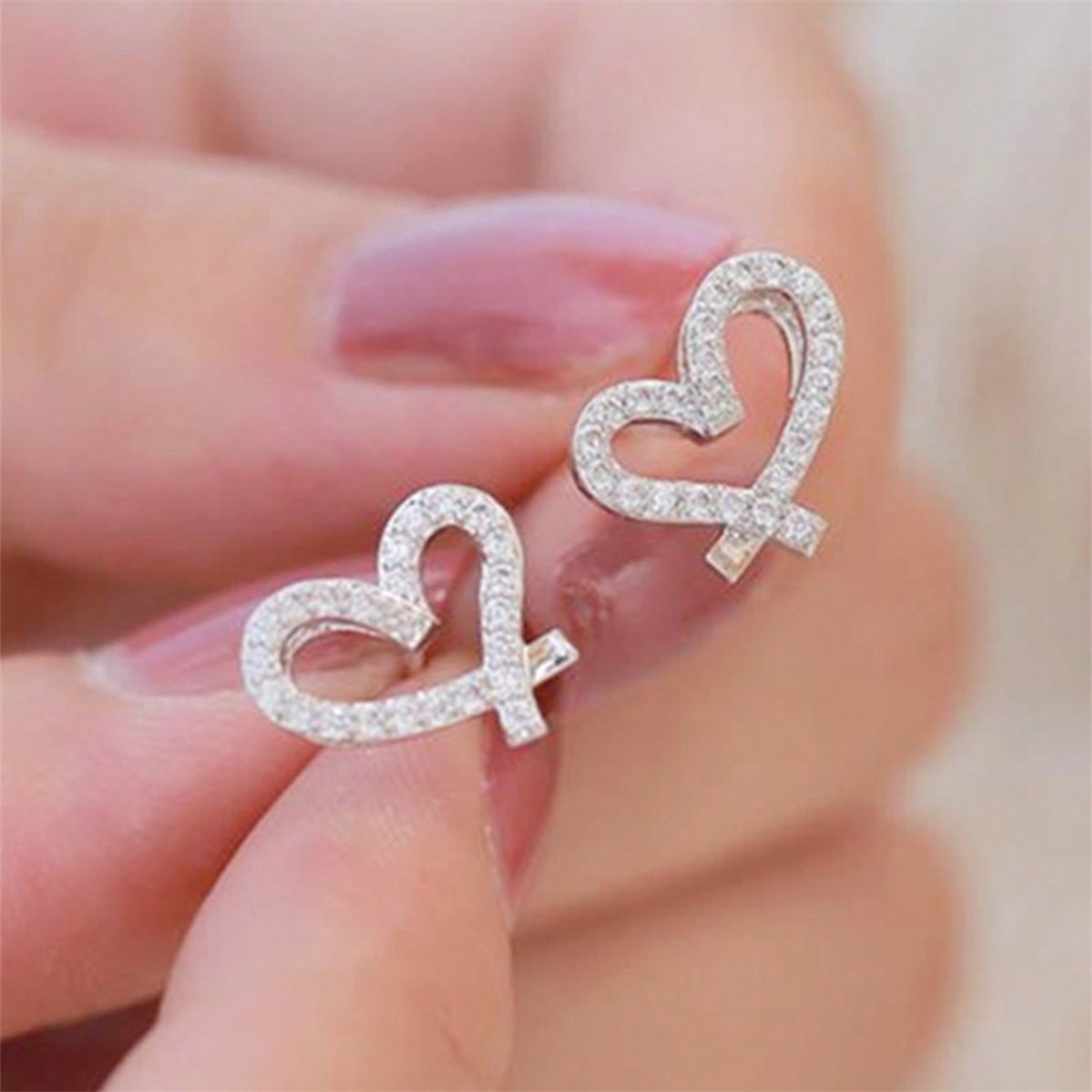 Heart Shape Stud Earrings For Women With Claw Setting, Copper Material, White K Water Plated, Featuring Zircon Inlay 4