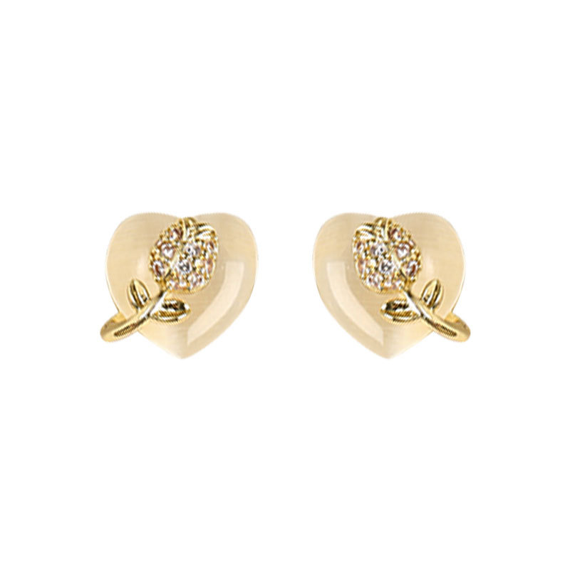 Heart Shape Stud Earrings For Women With Copper And Cat's Eye Stone Inlay, Featuring 925 Sterling Silver Posts In New Style 5