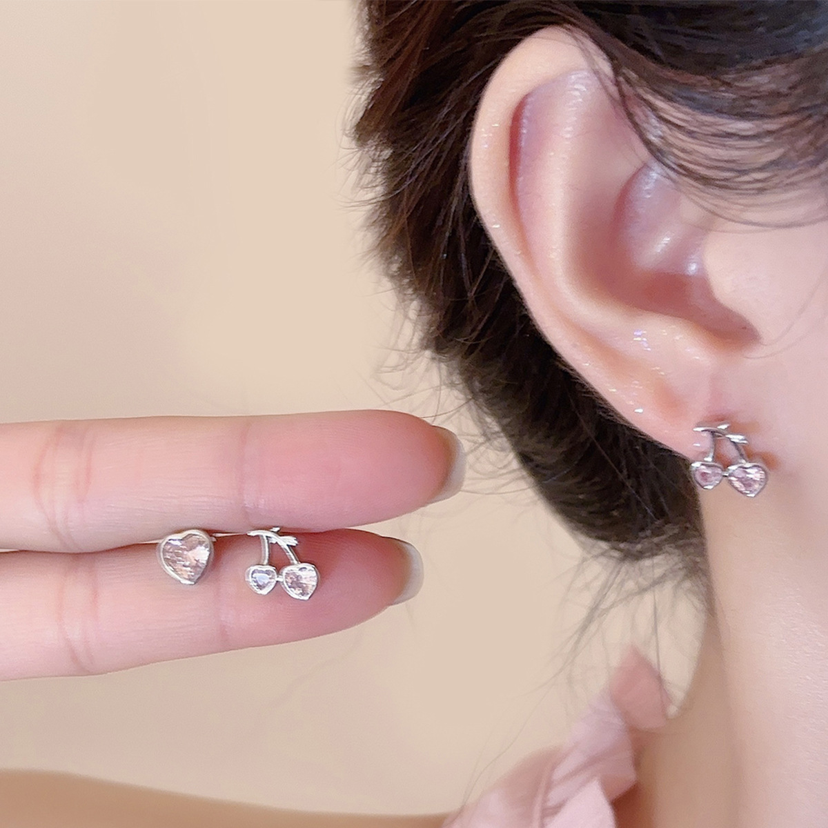 Heart Shape Surgical Steel Stud Earrings With Copper And Zircon Inlay Featuring Flat Back Studs In Sweet Style 2
