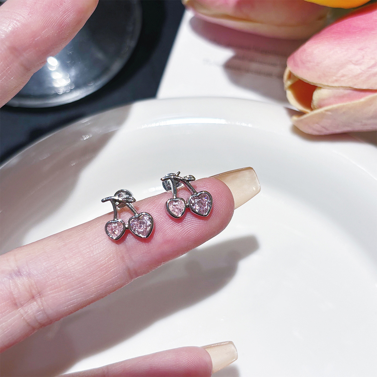 Heart Shape Surgical Steel Stud Earrings With Copper And Zircon Inlay Featuring Flat Back Studs In Sweet Style 3