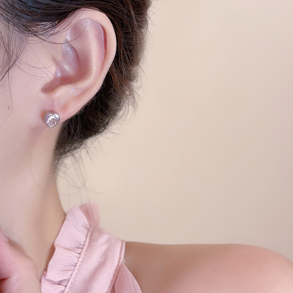 Heart Shape Surgical Steel Stud Earrings With Copper And Zircon Inlay Featuring Flat Back Studs In Sweet Style 4