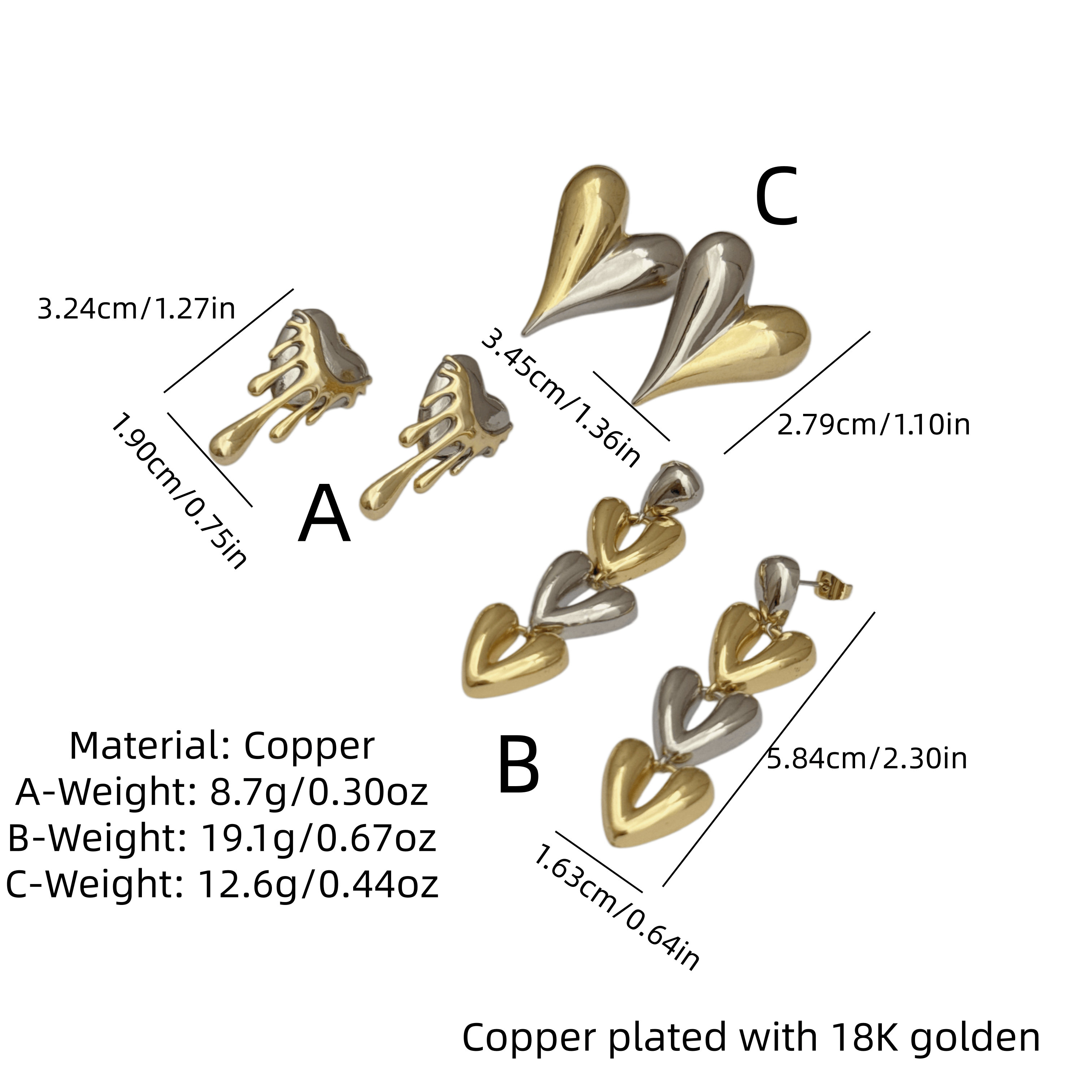 Heart Shape Tassel Stud Earrings For Women, Electroplated Copper With 18K Real Gold Plated Coating 0.03µm Thickness 2