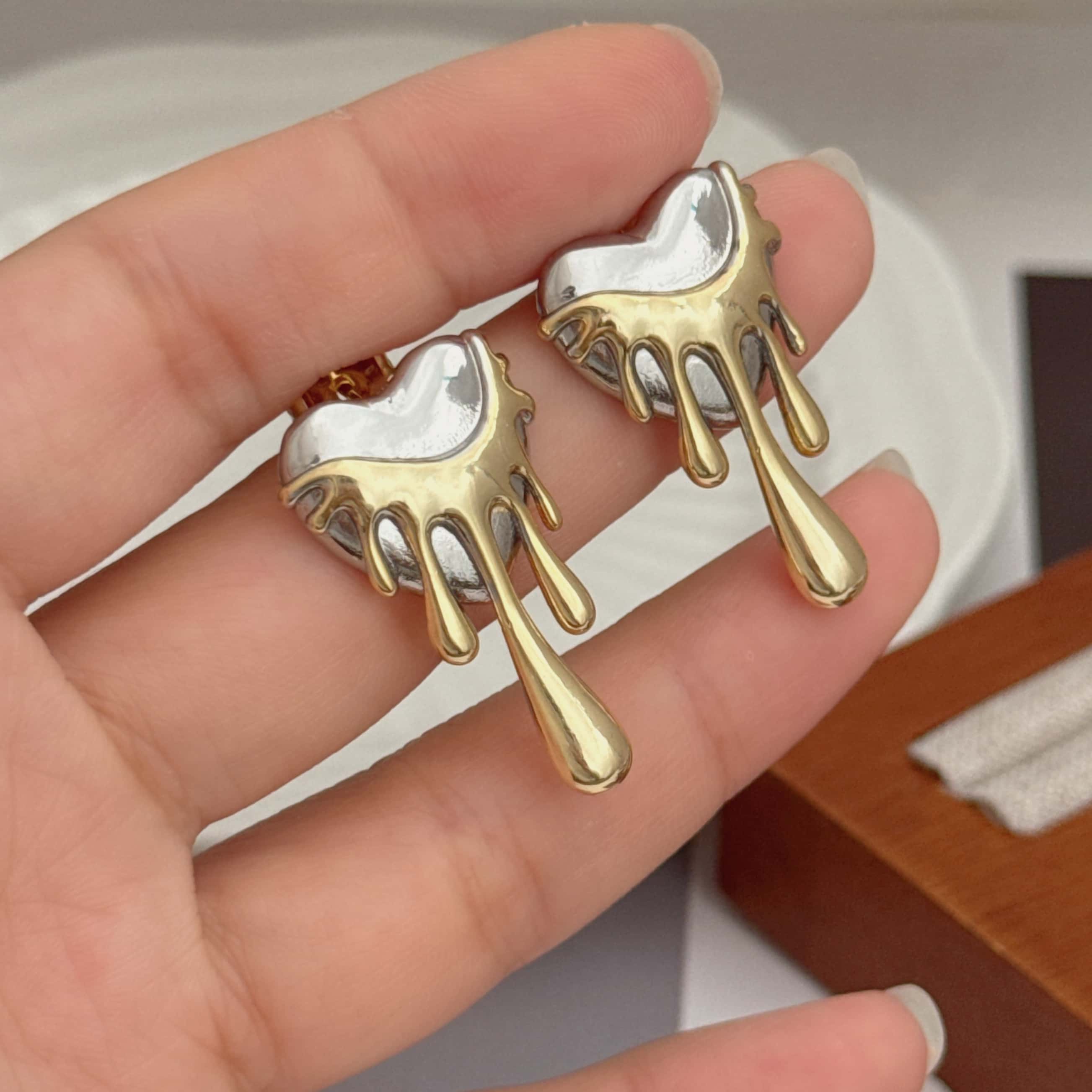 Heart Shape Tassel Stud Earrings For Women, Electroplated Copper With 18K Real Gold Plated Coating 0.03µm Thickness 3