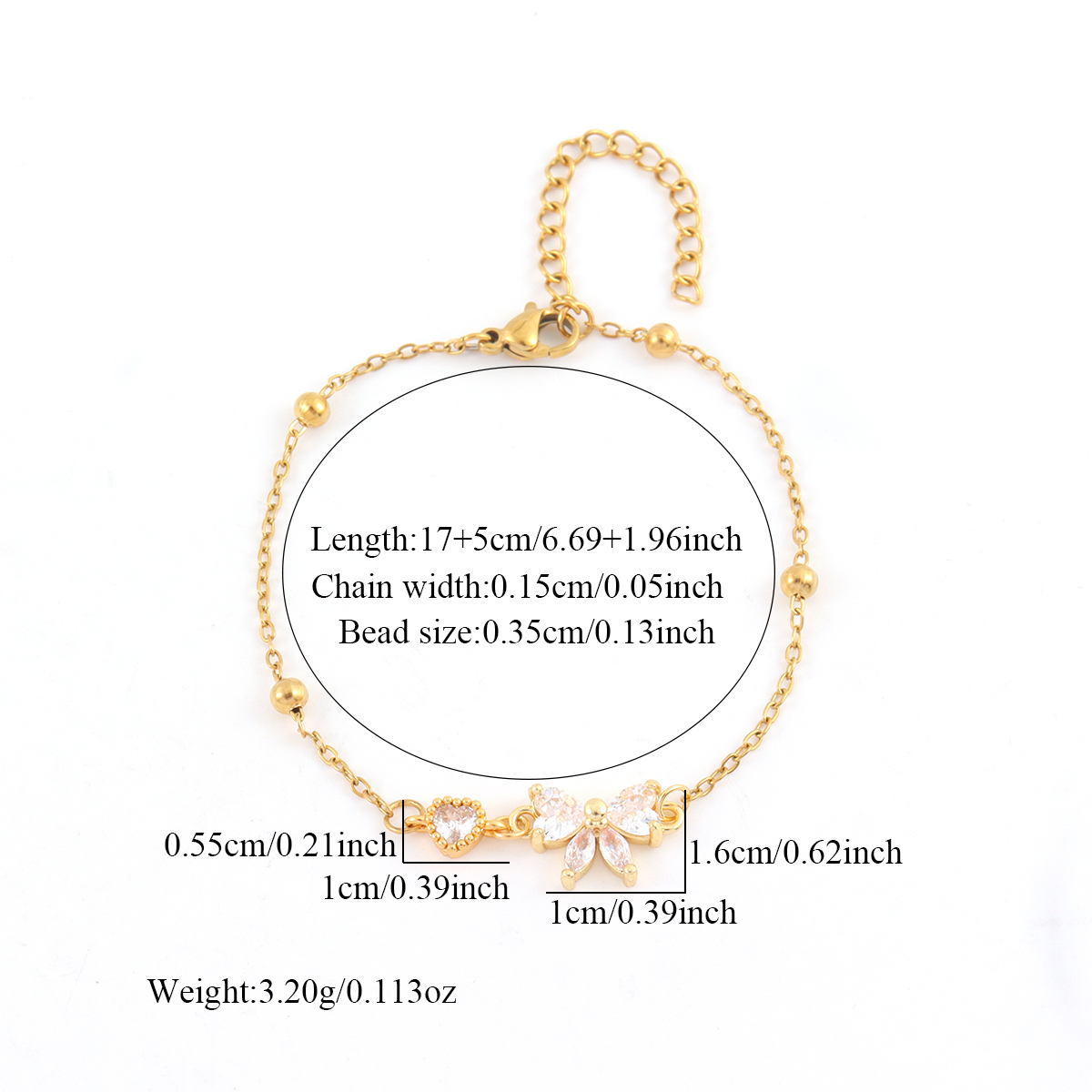 Heart Shape Waterproof Women's Bracelets In 201 Stainless Steel With 18K Gold Electroplated And Artificial Crystal Ball Chain 2