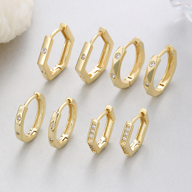 Hexagon Earrings For Women With Copper Ear Pins, Real Gold Plated And Zircon Inlay