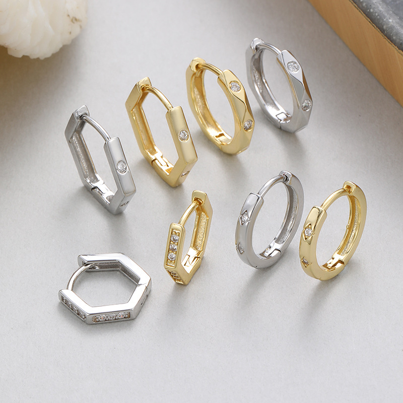Hexagon Earrings For Women With Copper Ear Pins, Real Gold Plated And Zircon Inlay 2