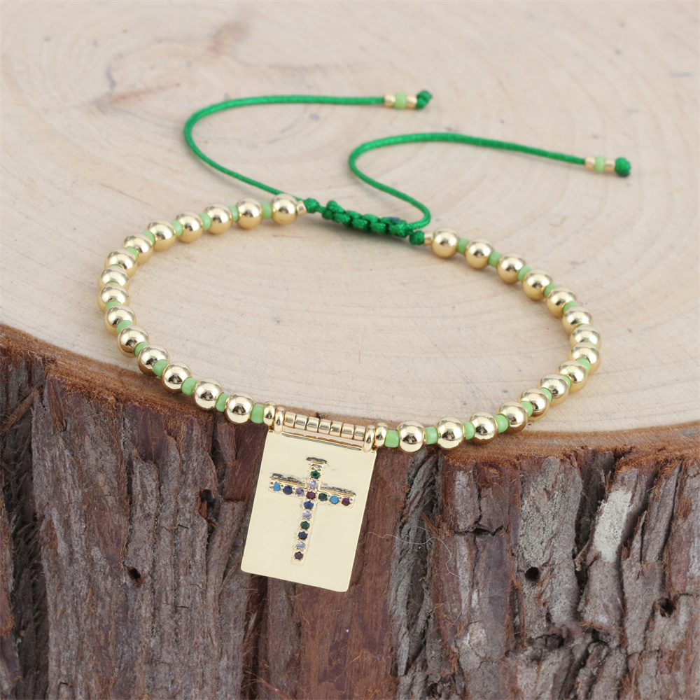 Copper Cross Bracelet For Women With Beading Design And Zircon Inlay, IG Style 3