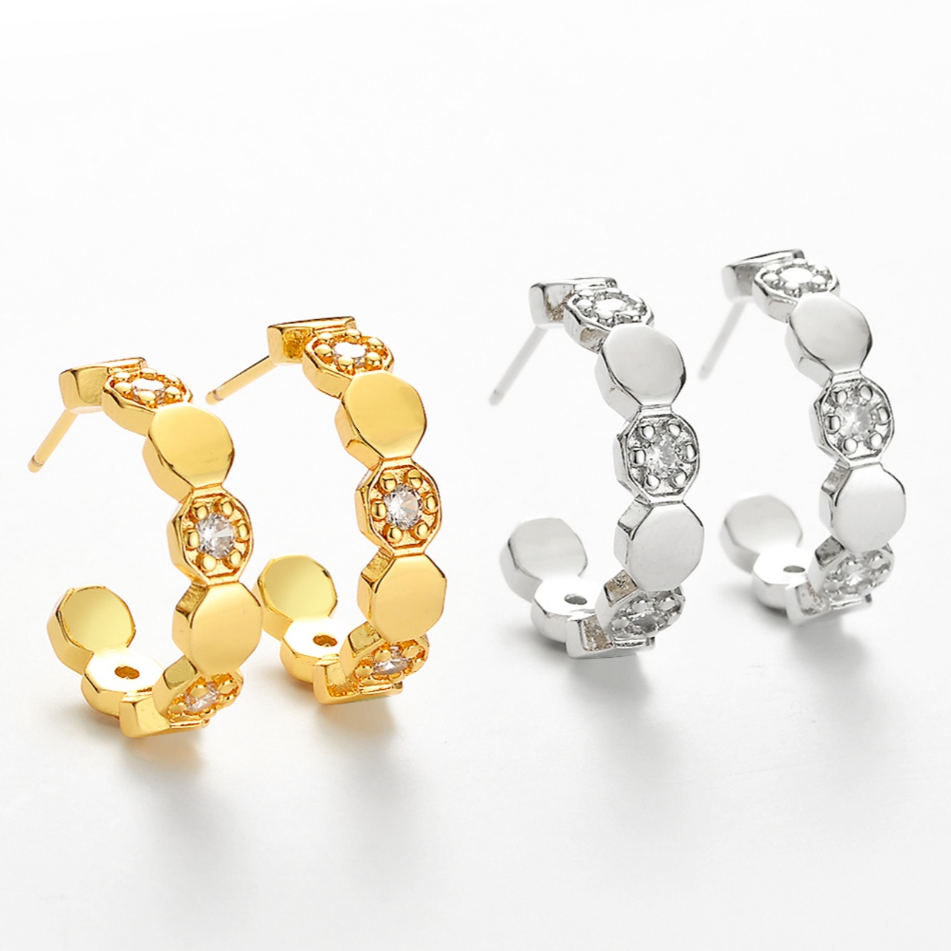 Honeycomb Stud Earrings For Women In Golden Copper With Electroplated Gold Plating And Zircon Inlay 2