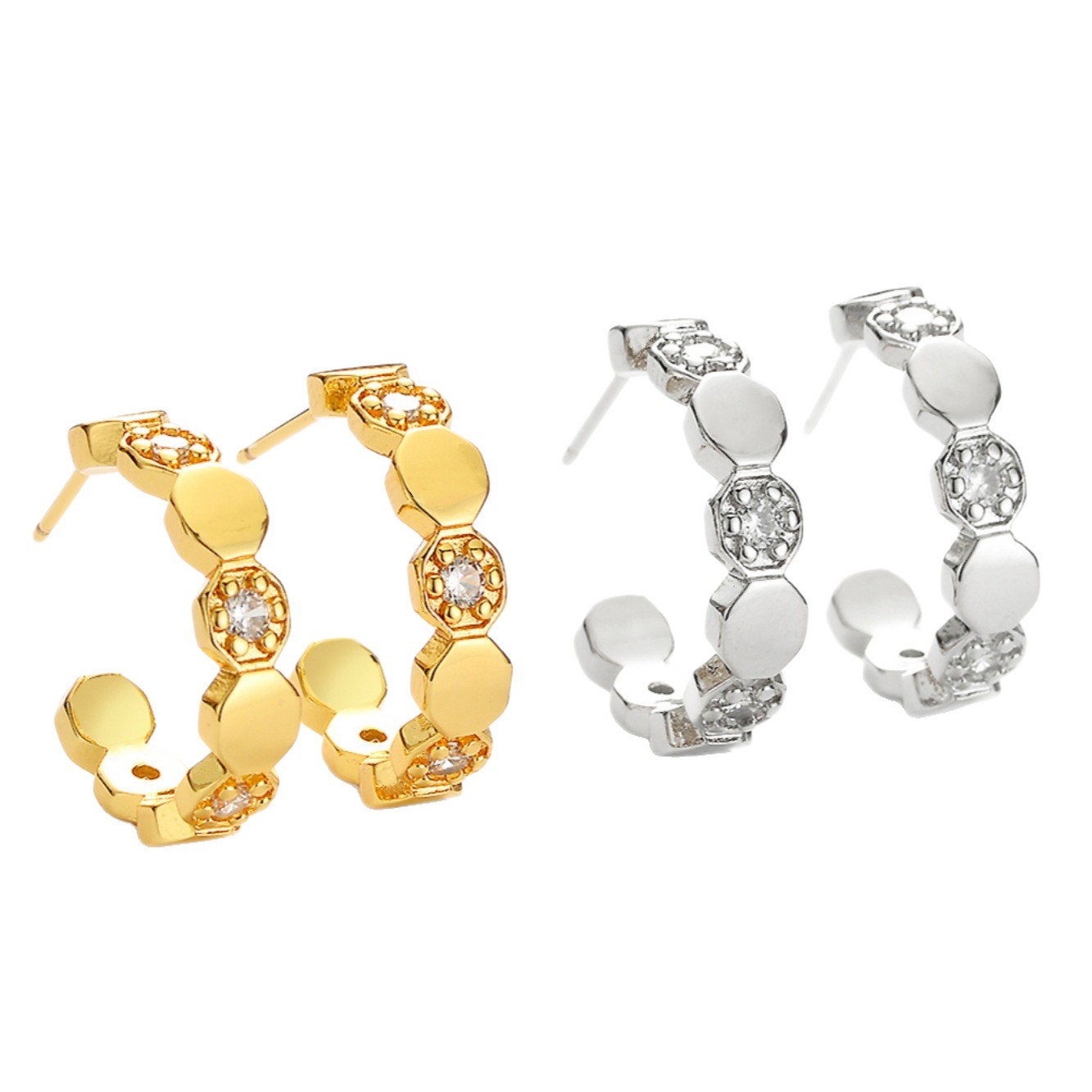 Honeycomb Stud Earrings For Women In Golden Copper With Electroplated Gold Plating And Zircon Inlay 5
