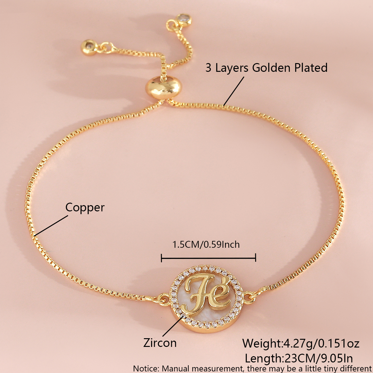 Hot-Selling Fe Letter Bracelet Full Diamond Exquisite Copper Gold-Plated Adjustable Bracelet Simple Versatile Hand Jewelry 3