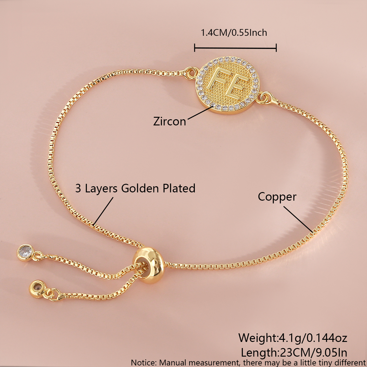 Hot-Selling Fe Letter Bracelet Full Diamond Exquisite Copper Gold-Plated Adjustable Bracelet Simple Versatile Hand Jewelry 4