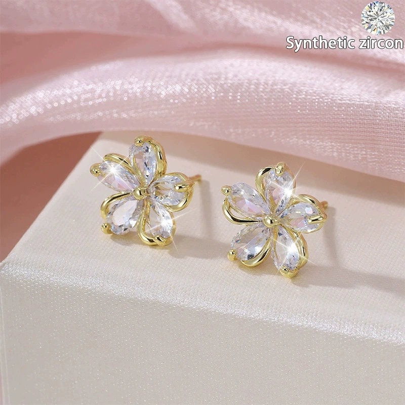 Hypoallergenic Flowers Stud Earrings For Women In Copper With Electroplated Gold Plating And Zircon Inlay 2
