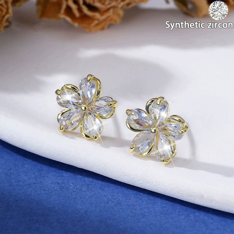 Hypoallergenic Flowers Stud Earrings For Women In Copper With Electroplated Gold Plating And Zircon Inlay 5