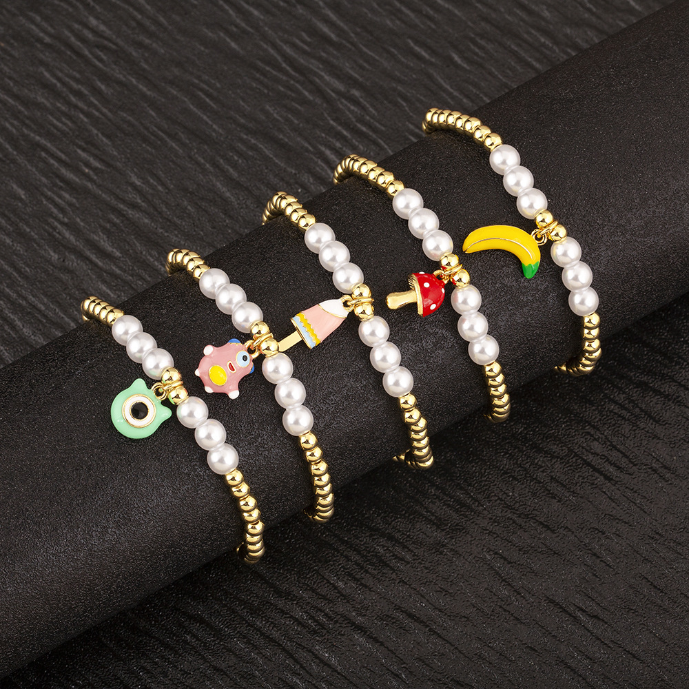 Ice Cream Enamel Bracelets For Women In Copper With 18K Real Gold Plated Electroplated Finish And Imitation Pearl Inlay