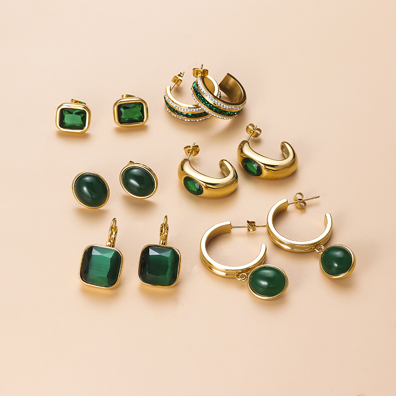 C Shape Drop Earrings For Women Featuring 18K Gold Plated Design With 304 Stainless Steel Posts And Artificial Gemstones