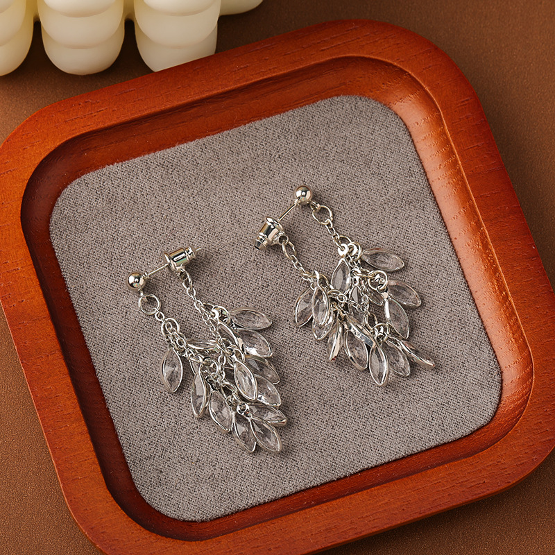 Leaf Tassel Stud Earrings For Women In Electroplated Copper With Crystal Inlay