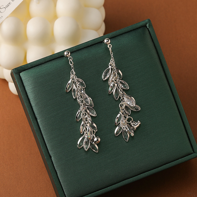Leaf Tassel Stud Earrings For Women In Electroplated Copper With Crystal Inlay 2
