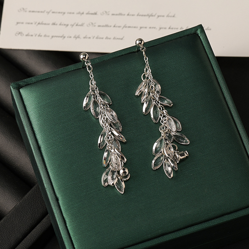 Leaf Tassel Stud Earrings For Women In Electroplated Copper With Crystal Inlay 4