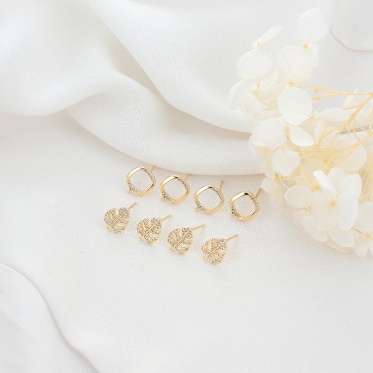 Leaves Stud Earrings With 925 Sterling Silver Posts, Copper Base, And 14K Real Gold Plated Finish Featuring Zircon Inlay In Gold