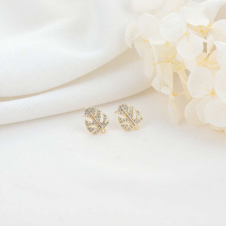 Leaves Stud Earrings With 925 Sterling Silver Posts, Copper Base, And 14K Real Gold Plated Finish Featuring Zircon Inlay In Gold 3