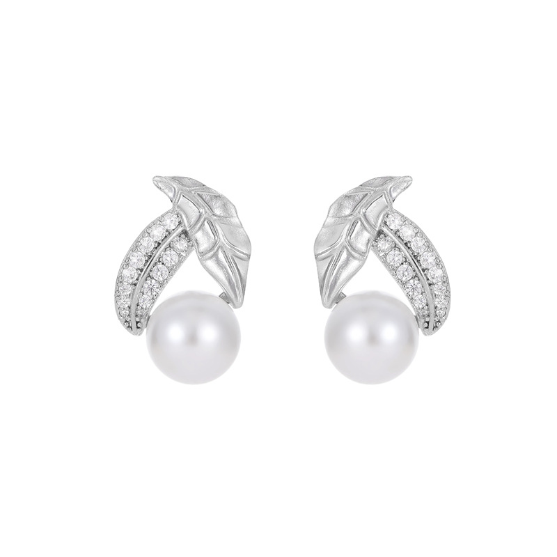 Leaves Stud Earrings For Women With 925 Sterling Silver Posts, Copper Base, 14K Real Gold Plated And Freshwater Pearl Inlay 5