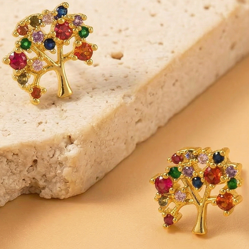 Life Tree Stud Earrings For Women With Water Plating, Golden Plated Copper And Zircon Inlay