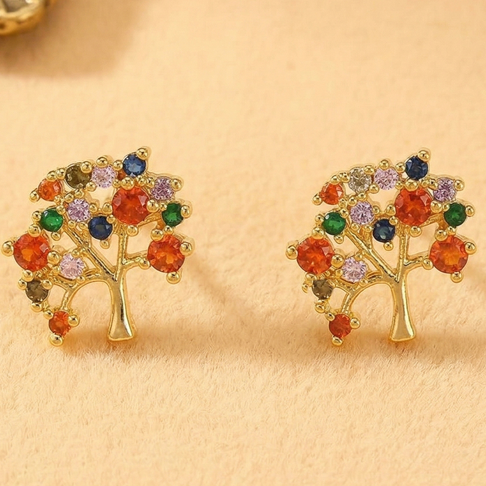 Life Tree Stud Earrings For Women With Water Plating, Golden Plated Copper And Zircon Inlay 2
