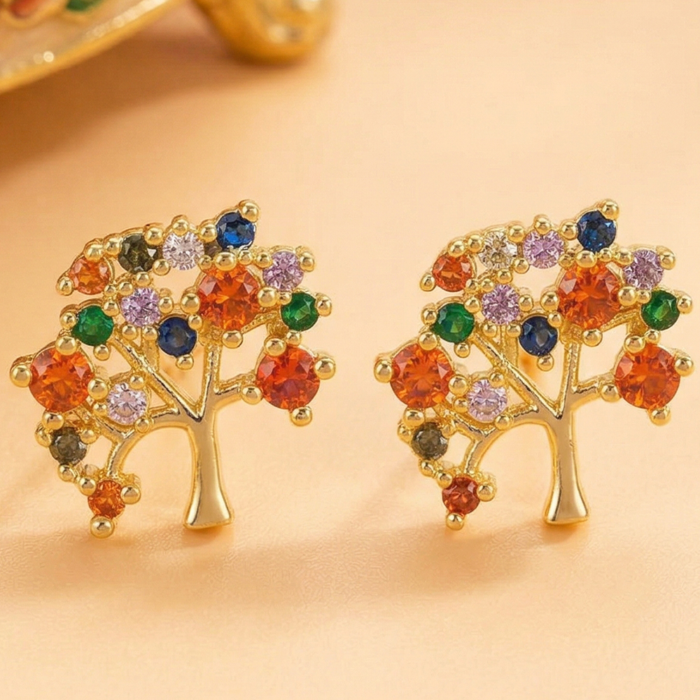 Life Tree Stud Earrings For Women With Water Plating, Golden Plated Copper And Zircon Inlay 3