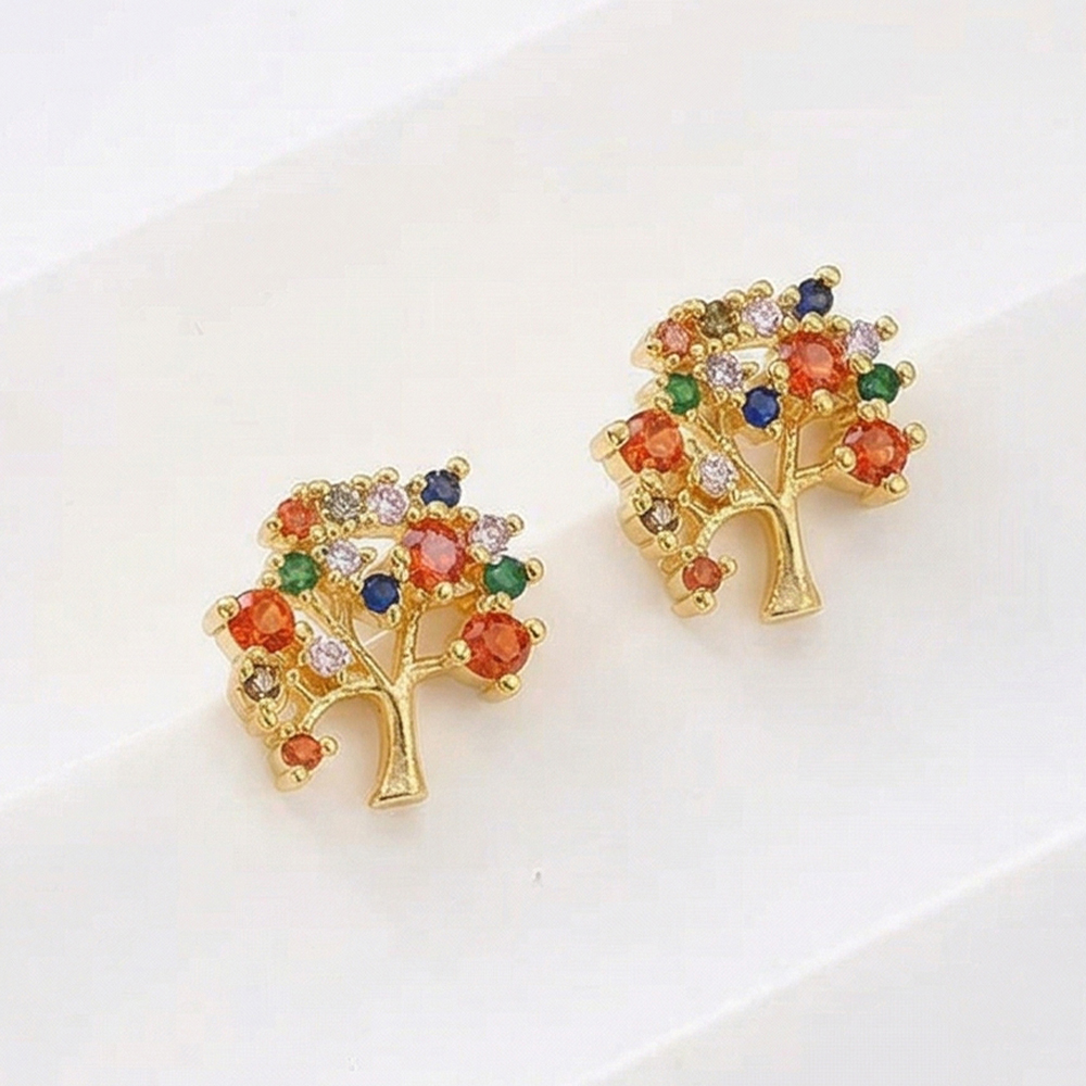 Life Tree Stud Earrings For Women With Water Plating, Golden Plated Copper And Zircon Inlay 4