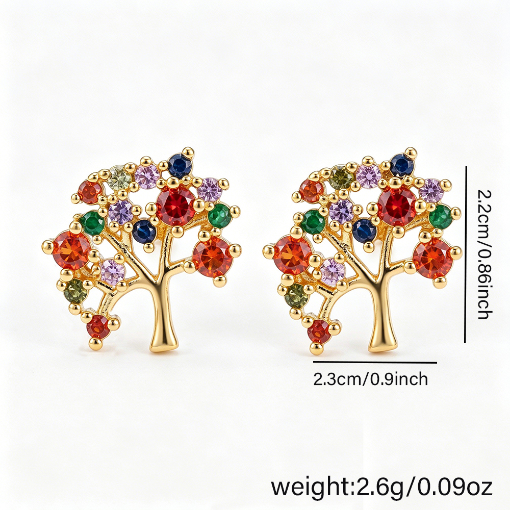 Life Tree Stud Earrings For Women With Water Plating, Golden Plated Copper And Zircon Inlay 5