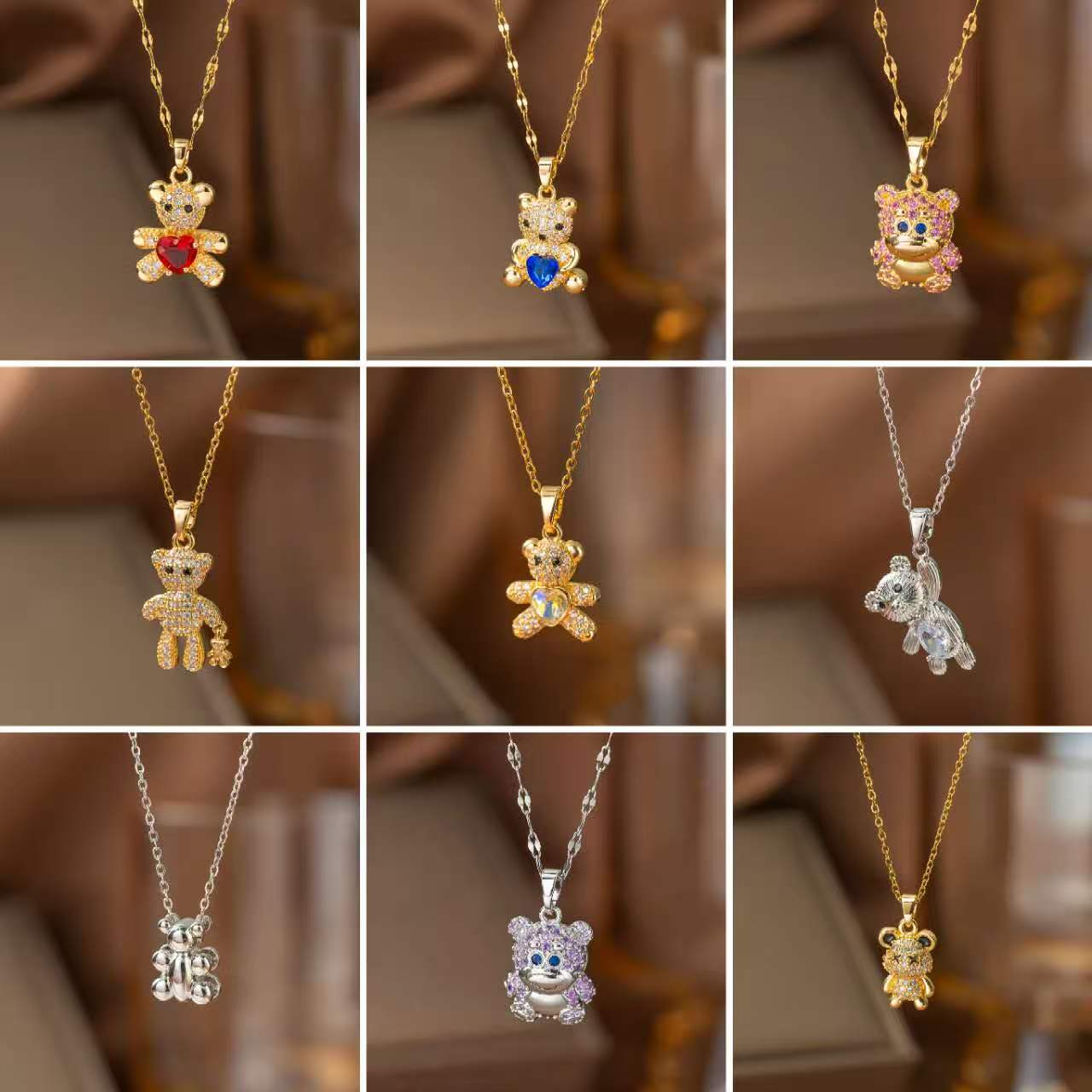 Little Bear Pendant Necklace For Women With Inlay Artificial Rhinestones, 18K Real Gold Plated Copper, Water Plating And Lip Chain