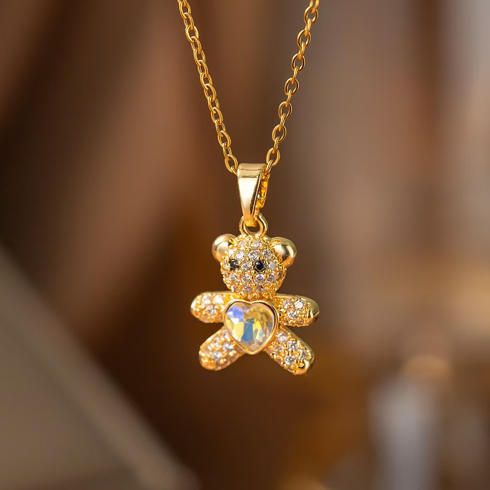 Little Bear Pendant Necklace For Women With Inlay Artificial Rhinestones, 18K Real Gold Plated Copper, Water Plating And Lip Chain 2