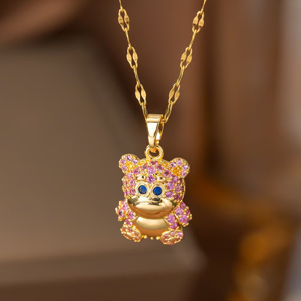 Little Bear Pendant Necklace For Women With Inlay Artificial Rhinestones, 18K Real Gold Plated Copper, Water Plating And Lip Chain 3