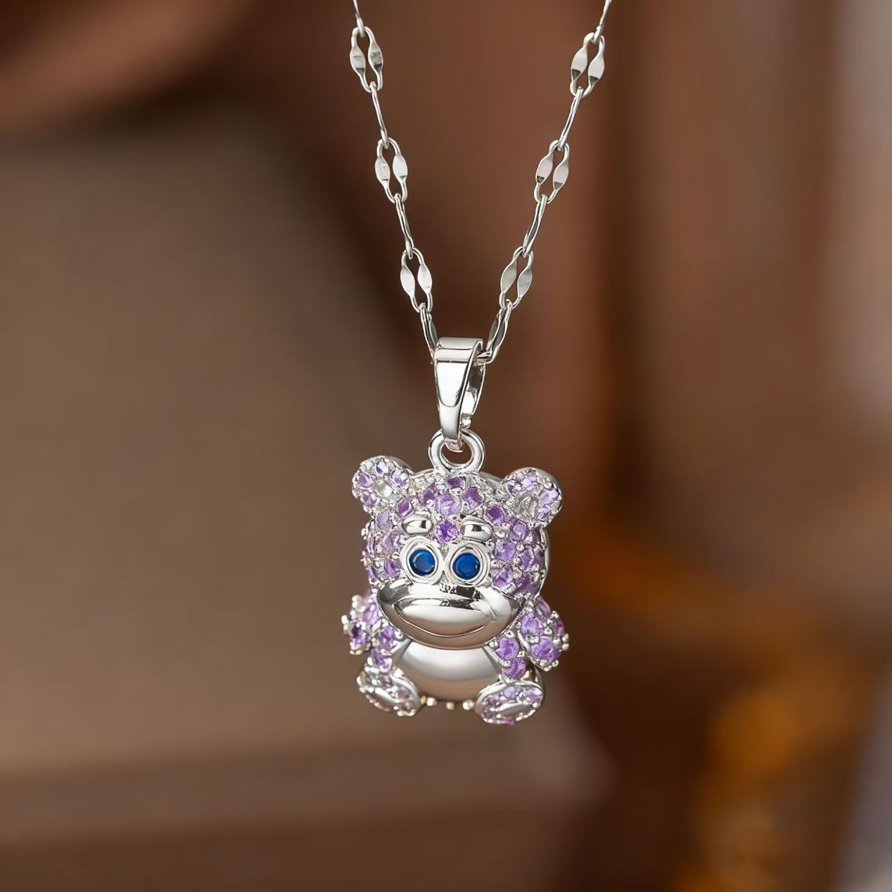 Little Bear Pendant Necklace For Women With Inlay Artificial Rhinestones, 18K Real Gold Plated Copper, Water Plating And Lip Chain 4