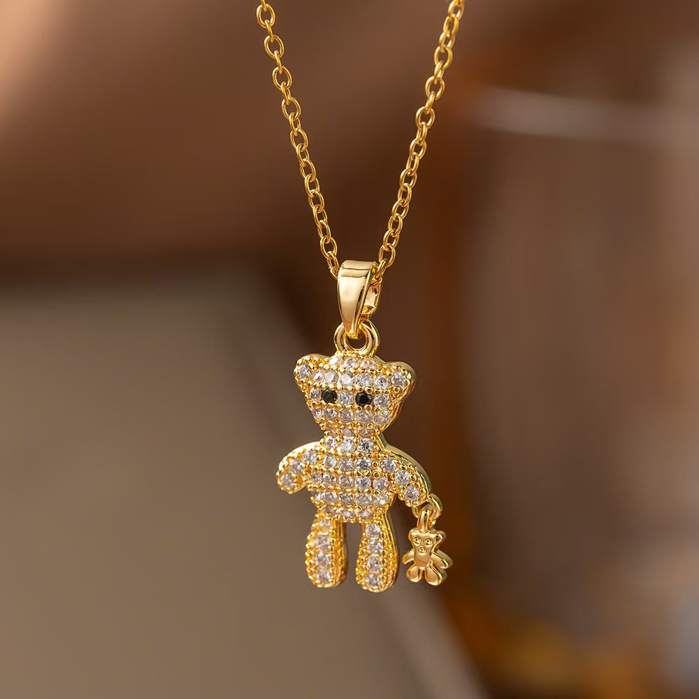Little Bear Pendant Necklace For Women With Inlay Artificial Rhinestones, 18K Real Gold Plated Copper, Water Plating And Lip Chain 5