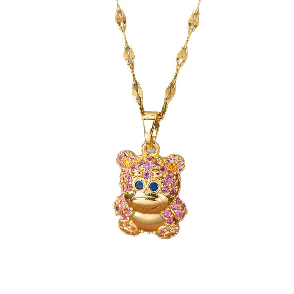 Little Bear Pendant Necklace For Women With Inlay Artificial Rhinestones, 18K Real Gold Plated Copper, Water Plating And Lip Chain 6