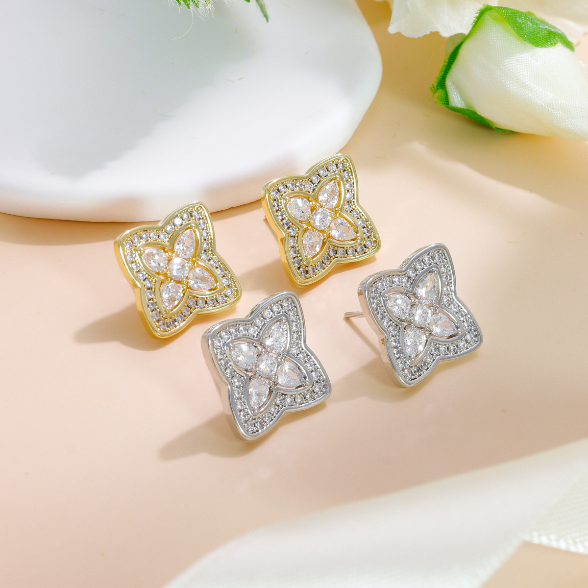 Lucky Heart Earrings For Women With Bezel Setting, Copper Material, Zircon Inlay, And Water Plating Finish