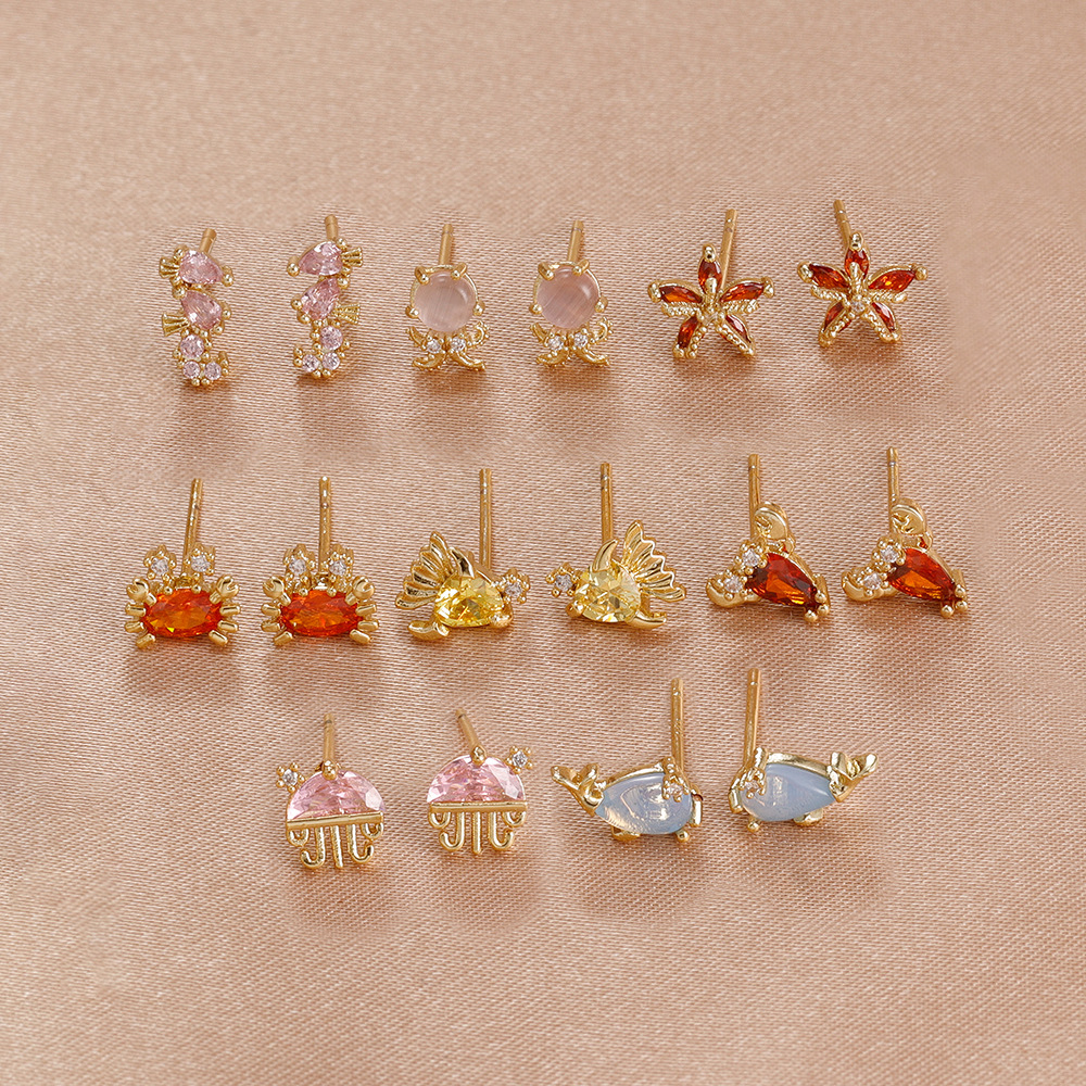 Ocean Pattern Stud Earrings For Women In Copper With Zircon Inlay, Cute Style, 1 Pair