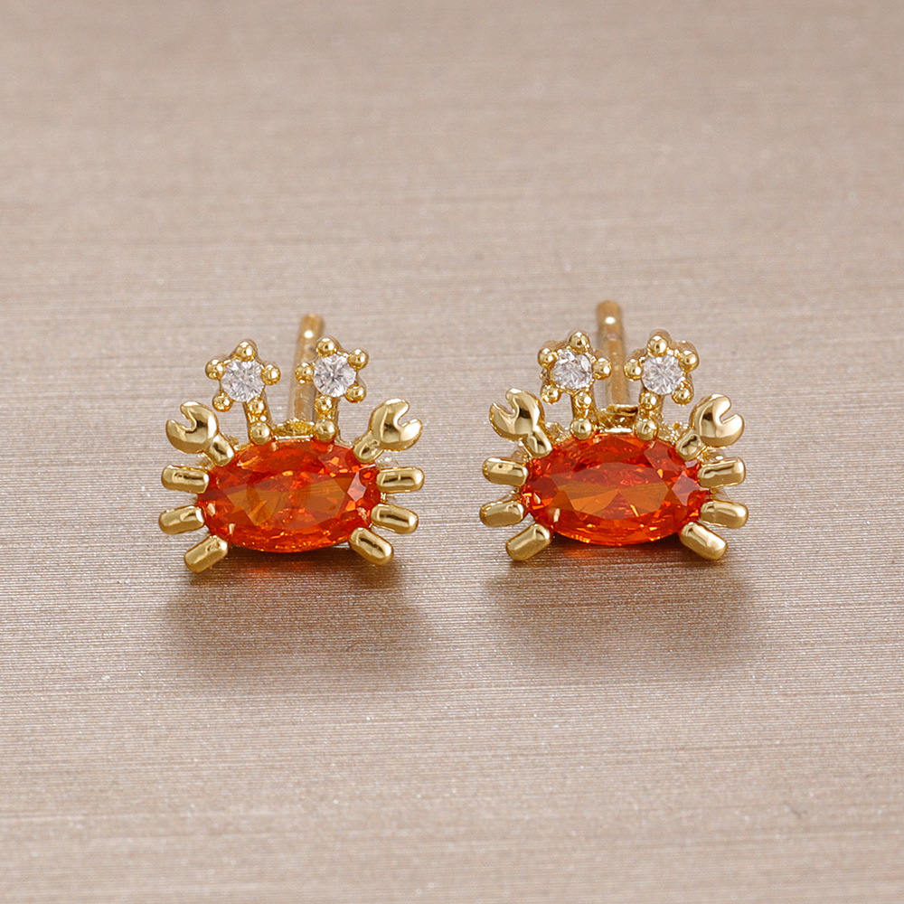 Ocean Pattern Stud Earrings For Women In Copper With Zircon Inlay, Cute Style, 1 Pair 3