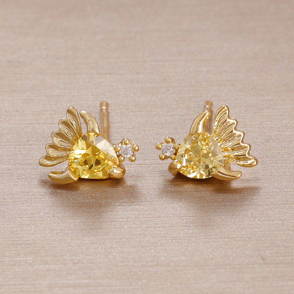 Ocean Pattern Stud Earrings For Women In Copper With Zircon Inlay, Cute Style, 1 Pair 4