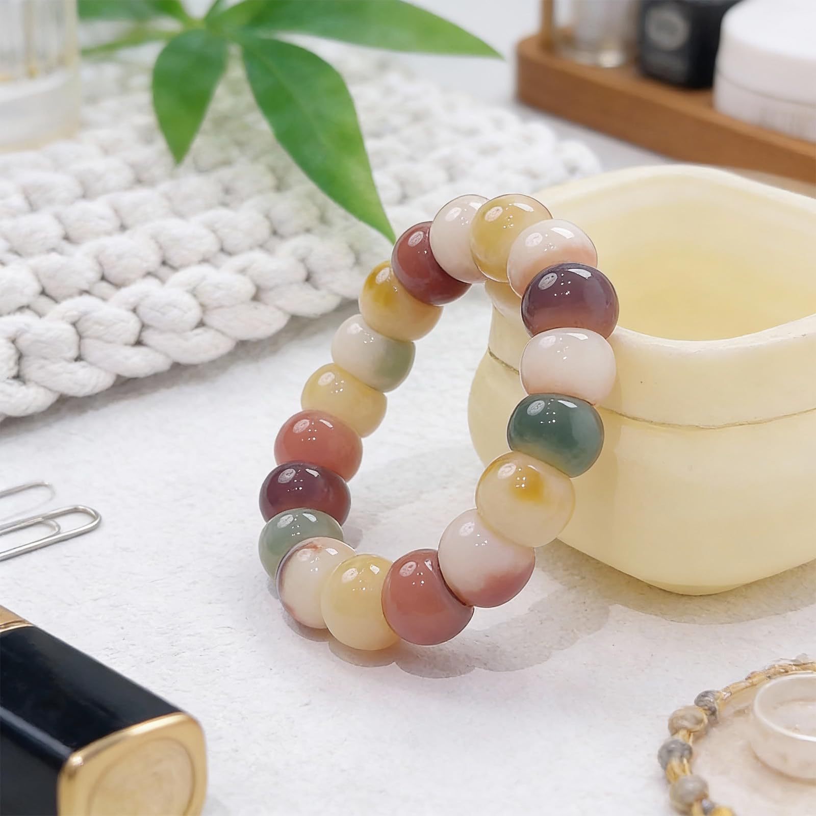 Oval Bodhi Beaded Bracelet For Women In Natural Pink, Retro Style 2