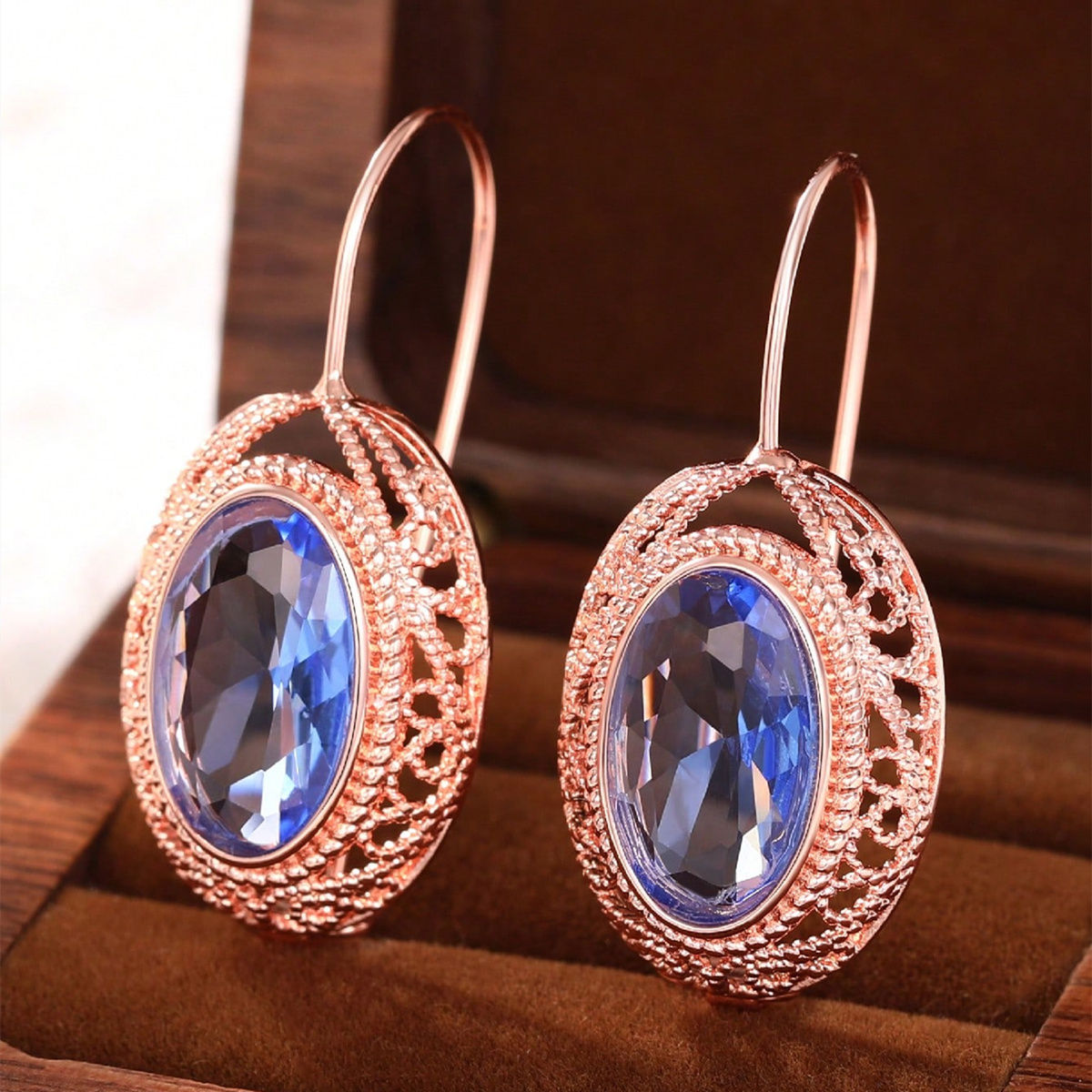 Oval Drop Earrings With Claw Setting, Rose Golden Plated Copper Featuring Zircon Inlay And 0.03µm Water Plating Thickness 2