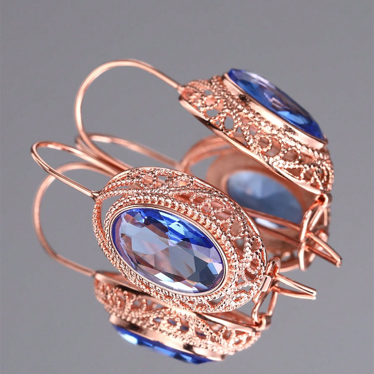 Oval Drop Earrings With Claw Setting, Rose Golden Plated Copper Featuring Zircon Inlay And 0.03µm Water Plating Thickness 10